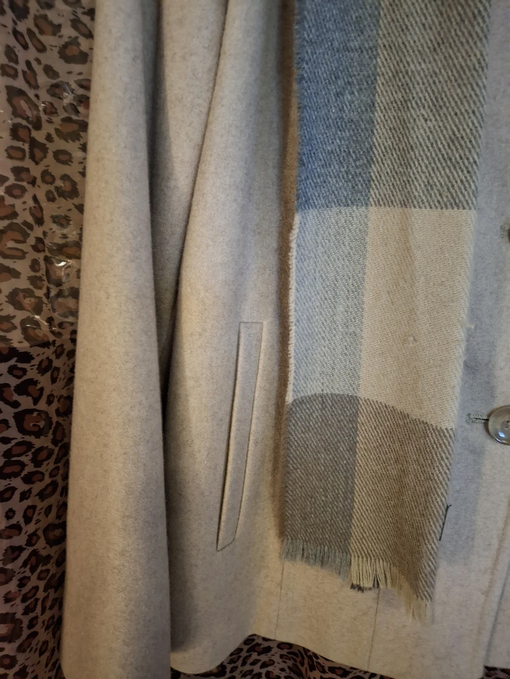 London Fog Beige Wool Pea Coat with Plaid Scarf